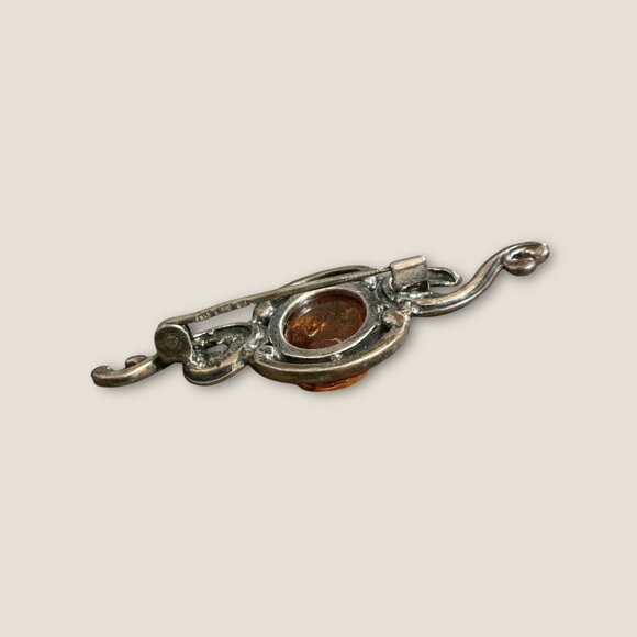 Vintage Estate Sterling Silver Brooch With Amber Cabochon - Picture 4 of 4